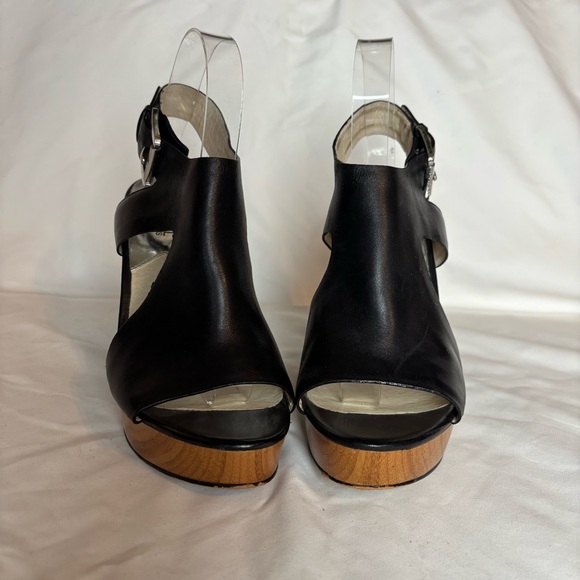 Michael Kors Heels Womens 8.5 Josephine Peep Toe Wedge Slingback Black Leather - Picture 3 of 16